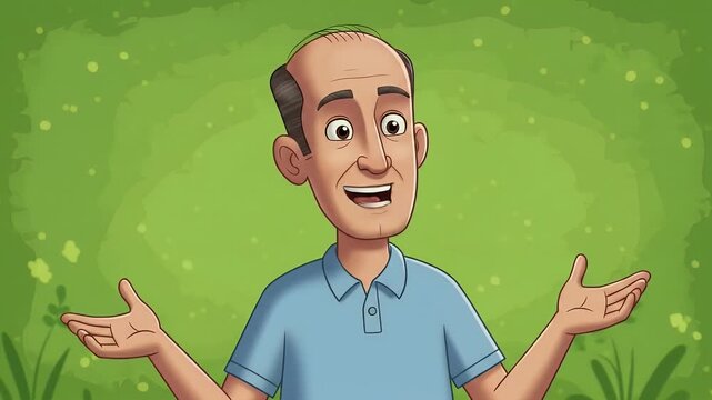 Illustration Of A Balding Man With Open Arms In A Blue Shirt Nature Background