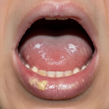 Inflamed throat close-up with visible tongue and oral condition  