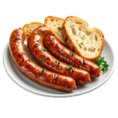 Grilled sausages with toasted bread and herbs sit on a white plate