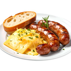 Grilled sausages, cheesy potatoes, bread, and garnish on a white plate, shot close-up