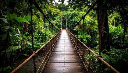 A long wooden suspension bridge extends through dense, lush green foliage. The scene depicts a serene, natural environment
