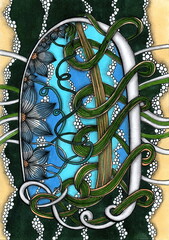 This illustration evokes an exquisite interweaving of nature and abstract ornament. The work appears as a fantasy window into a natural world filled with energy and harmony. 