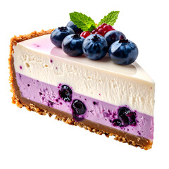 Slice of layered cheesecake featuring blueberries, berries, mint, and a graham cracker crust