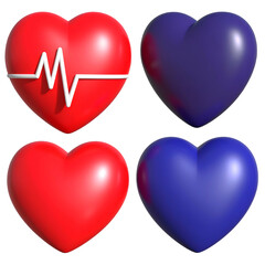 Four vibrant 3D hearts, varying colors and designs, one with a heartbeat line
