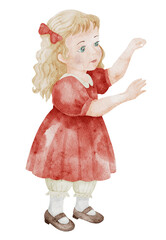 Watercolor illustration of a blonde girl in a red dress with bow and shoes in vintage doll like style. Drawing of child for Christmas greeting cards, Xmas nostalgic scenes or vintage invitations