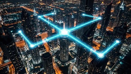 Aerial view of a modern metropolis with glowing blue network overlay connecting skyscrapers - Powered by Adobe