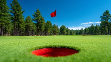 Sunny day view of a lush golf course with a flag and hole in the foreground