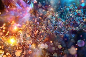 Innovative depiction of DNA helix showcasing vibrant colors and cosmic elements