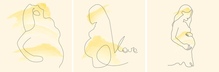 A set of three line drawings depicting a pregnant woman eps10