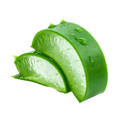 Close-up of two sliced, green plant pieces with gel visible, set against a black backdrop