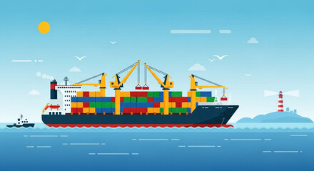 Obraz premium Container Ship Sailing on Ocean with Cargo Containers and Tugboat