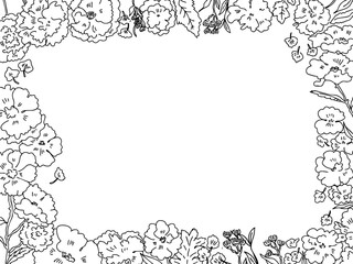 手書き線画のお洒落なお花と植物のフレーム・装飾枠・ラベル・カード