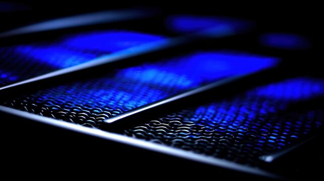 rack. Close-up of glowing blue server rack lights creating an abstract technological pattern on a dark background. product launch decks.