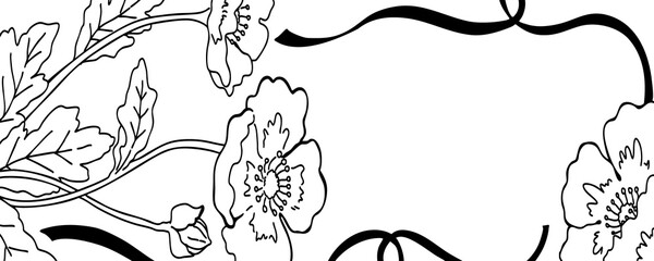 横長のシンプルなお花のフレーム・手書きイラスト・線画フレーム