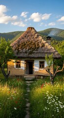 Charming Thatched Cottage in a Serene Mountain Landscape.