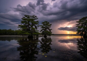 Cypress Trees Reflecting in Calm Lake at Sunset Under Stormy Sky.