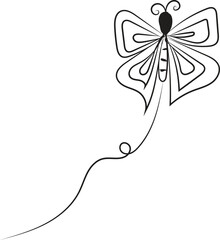 Whimsical hand drawn butterfly kite with flowing ribbon tail on white background