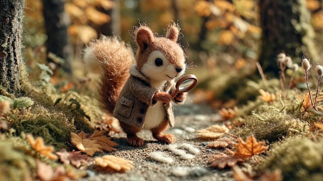 Animated squirrel detective exploring forest trail with magnifying glass