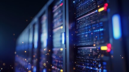 Obraz premium rack. Close-up of glowing blue server rack lights creating an abstract technological pattern on a dark background. product launch decks.