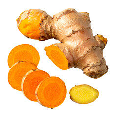 Fresh turmeric root with sliced segments and slices; a natural food source