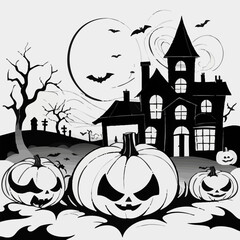vector illustration of Halloween pumpkin with house, pumpkins and moon. hand drawn Halloween illustration