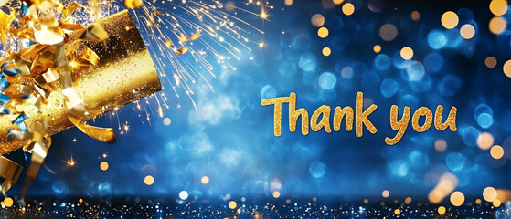 Golden Thank You message with confetti and fireworks on a sparkling blue background for celebrations and gratitude Festive concept for holidays, events, and appreciation