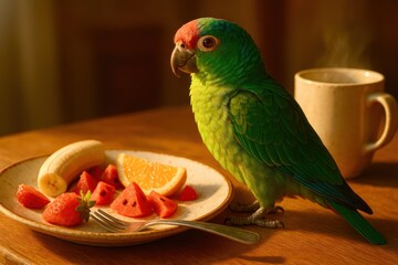 parrot on table with fruits