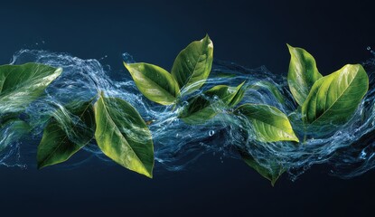 Vibrant photo of green leaves flowing through ethereal blue smoke and water