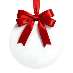 White circle tag with a red ribbon bow, suspended against a black background