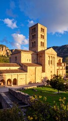 Fototapeta premium A majestic, stone building with a tall bell tower, set amidst a green landscape and against a blue sky