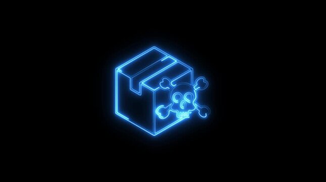 Glowing blue neon outline of a shipping box with a skull and crossbones symbol on a black background representing danger risk hazard warning concept