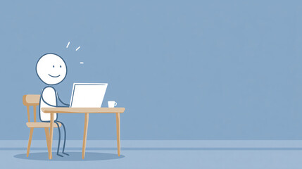 Fototapeta premium Happy stick figure working on laptop at desk indoors Concept of remote work, online learning, and simple illustration