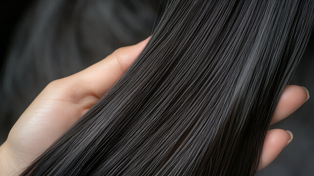 Close-up of sleek, dark hair being held. The strands appear smooth and well-cared for, with a focus on health and shine. Beauty concept. Ideal for products.