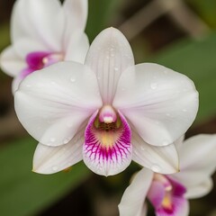 Elegant White Orchid Blossom with Vibrant Pink and Yellow Center.