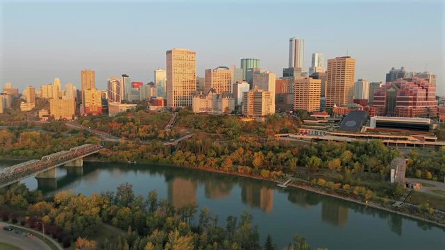 Aerial sunrise view of downtown Edmonton skyline, Alberta, Canada
