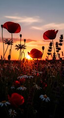 Poppies at Sunset - A Serene Field of Red Blooms.