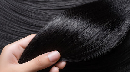 Close-up of sleek, shiny dark hair held by a hand, showcasing its smooth texture and deep color. Ideal for haircare or beauty product promotion.
