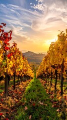 Autumn colors illuminate a vineyard during the sunset