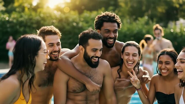 Joyful Friends Pool Party Laughing and Splashing Water Fun Outdoor Summer