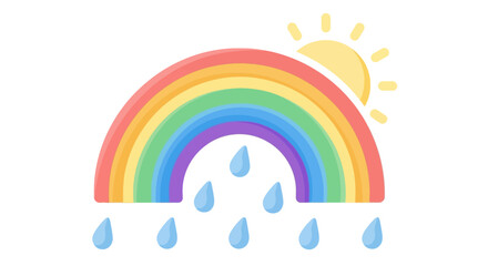 Colorful rainbow with a bright sun and falling raindrops on a white background, representing weather.