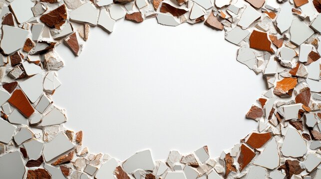 Broken Tile Frame on White Background: Abstract Texture with Ceramic Shards for Creative Design and Artistic Compositions with Copy Space