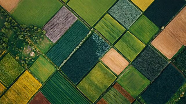 Aerial view showing diverse farming fields creating patterns