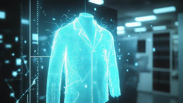 Digital wireframe jacket hologram displaying future fashion technology
