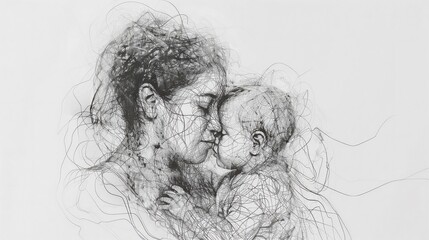 Loving mother embracing her baby in tender artistic monochrome sketch