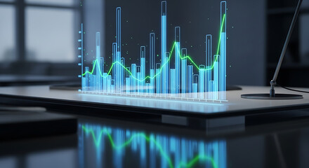 A glowing chart with blue bars and a green line on a desk in a modern office setting at night