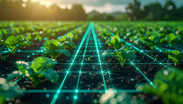 Agricultural Revolution: A vibrant field of young, green plants thrives under a clear sky, crisscrossed by lines of emerging technological innovation.