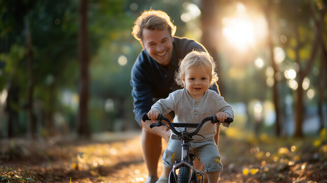 Father teaching child to ride bicycle in park, supportive smile, parenting and growth, sunlight through trees, learning moment, family love, encouragement and joy, emotional connec