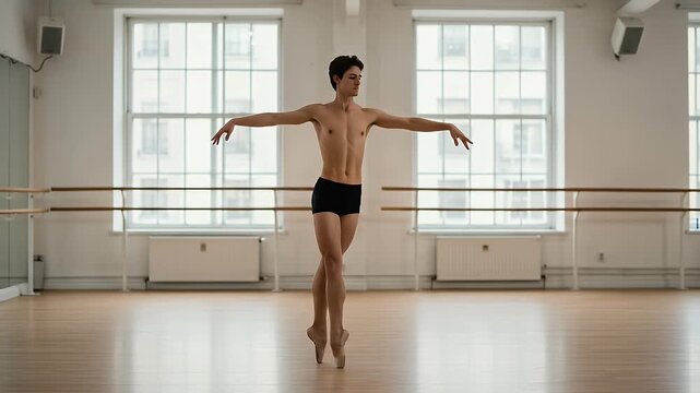 Male ballet dancer performing elegant arabesque in bright dance studio with large windows