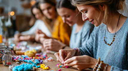 Fototapeta premium Friends crafting together at home, colorful materials on table, creativity and laughter, artistic bonding, handmade projects, DIY fun, teamwork in art, authentic lifestyle, cozy ho