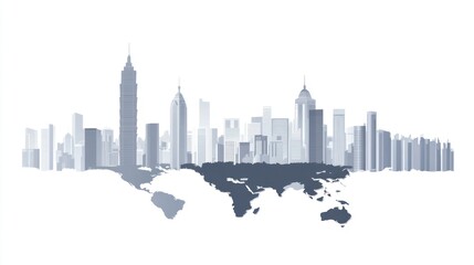 Fototapeta premium Global City Skyline, World Map Background, Urban Development, Business Concept